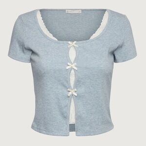 Oak + Fort Layered Lace Bow Top Baby blue Dainty Babydoll